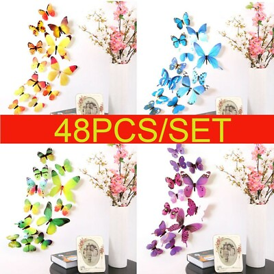 #ad 48 Pack DIY 3D Butterfly Wall Stickers Wedding Birthday Gift Decal Room Decor AU $49.39