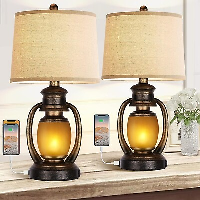#ad Lamp Lantern Table Bedside Bedroom Bronze Set of 2 Rustic Living Room 2 USB Port $148.95