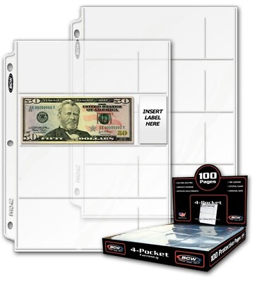 #ad 4 Pockets Clear Pages Modern Small Currency Banknotes Stamps Sheets BCW 100 Box $26.97