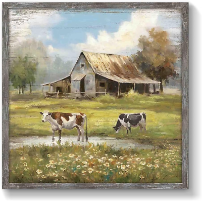 #ad Cow Rustic Wood Wall Art: Farmhouse Barn Painting Greenfield Country Framed Artw $44.99