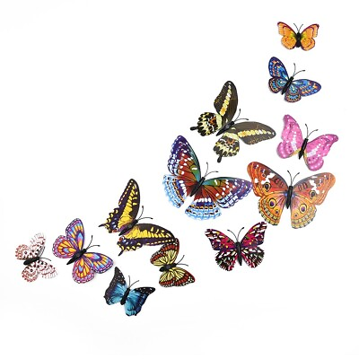 #ad 12Pcs 3D Luminous Butterfly Wall Stickers Double Layer Decals Home Art Decor NEW $9.24