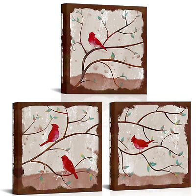 #ad Red Birds Canvas Wall Art Cardinals Painting Pictures Vintage Christmas Wall ... $40.00