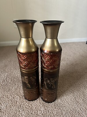 #ad #ad Pair of Embossed Metal Vases Elephant Decor Paintable 19” Modern African Motif $20.00