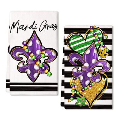 #ad ARKENY Mardi Gras Kitchen Towels Set of 2Purple Fleur Lis White Polka dot Beads $30.66
