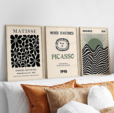 #ad Set of 3 Exhibition Posters Sage Green Wall Art Matisse Picasso Gallery Wall GBP 10.99