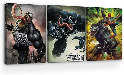 #ad Spiderman Venom Canvas Wall Art Set of 3 HD Printed amp; Wooden Framed Wall Art $61.99