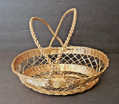 #ad Vintage Gold Wire Serving Basket Retro Kitchen Decor Storage Bin $19.99