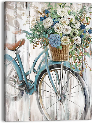 #ad #ad LAIART Farmhouse bathroom wall decor canvas art blue Retro bike picture print $20.39