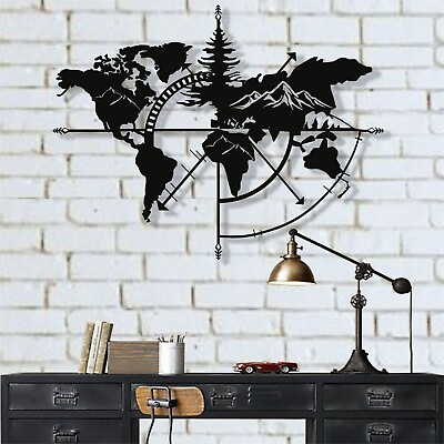 #ad Metal World Map Wall Art Mountain Design World Map Compass Metal Wall Decor $209.90