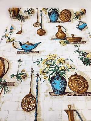 #ad #ad 3yds Vintage Kitchen Theme Cotton Fabric Utensils Vase Lamp Gold Floral Defect $24.99