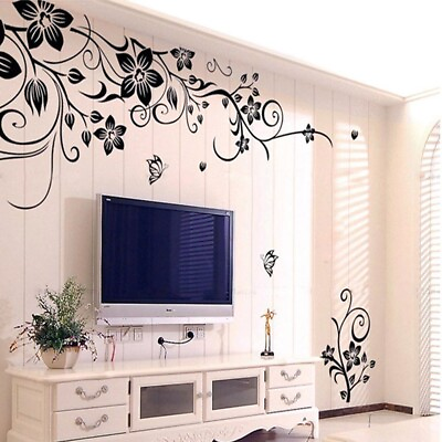 #ad #ad Black Flowers Butterflies Wall Stickers Diy Vinyl Decal Mural Living Room Decor $8.82