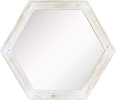 #ad Decorative 24quot; Hexagon Wall Mirror with Worn White Wood Frame $34.63