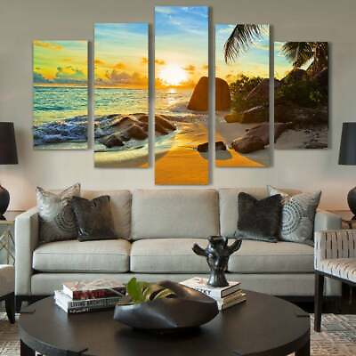 #ad Ocean Sunset Sunrise Tropical Beach Seascape Framed 5 Piece Canvas Wall Art Pain $119.00