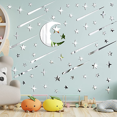 #ad 216 Pieces Moon Stars Wall 3D Stickers Acrylic Mirror Wall Decals Decor Silver R $20.95