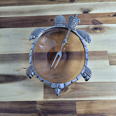 #ad Sea Turtle Hors D#x27;oeuvres Metal amp; Glass Bowl Dish w Fork Coastal Kitchen Decor $21.24