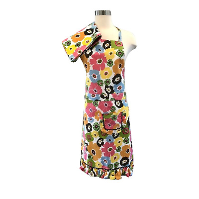 #ad Floral Print Cotton Full Apron with Matching Kitchen Dish Towel Vibrant Color $19.95