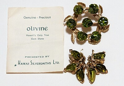 #ad #ad Vintage Flower Pin Hawaiian Olivine Stone Brooch and Clip Earrings Set $14.99