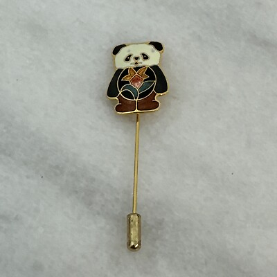 #ad Vintage Flower Panda Bear Cloissone Stick Pin Gold Tone Metal $10.00