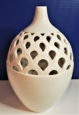 #ad Large 12.25 Inch White Bulb Shaped Open Work Decorative Ceramic Vase Home Decor $20.69