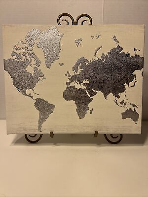 #ad World Map Wall Art Silver amp; White 14” X 11” Canvas VERY NICE $13.99