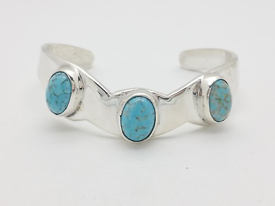 #ad Mexico TM 53 Sterling Silver Turquoise Matrix Art Glass Cuff Bangle Bracelet $129.99