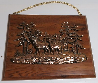 #ad #ad Vintage Aamp;F Wooden Wall Plaque with 3D Faux Copper Deer Scene Canada Buck Doe $19.98