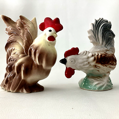 #ad Ceramic Roosters Hand Painted Beautiful Farm Decor Vintage Set Of 2 $25.75