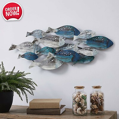 #ad #ad Big Rustic School of Fish Wall Art Metal Sculpture Nautical Ocean Bathroom Decor $120.65