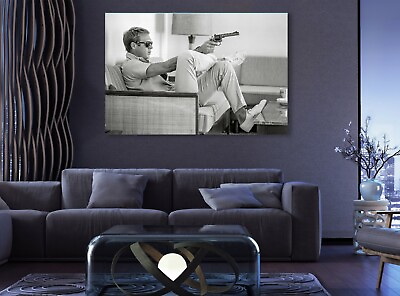 #ad Steve Mcqueen with Gun Movie Poster Icon Classic Painting Canvas Print Art Wall $97.50