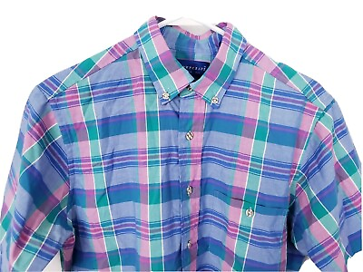 #ad Towncraft Shirt M Blue Green Pink Plaid SS Button Front Mens Vintage CLEARANCE $4.99