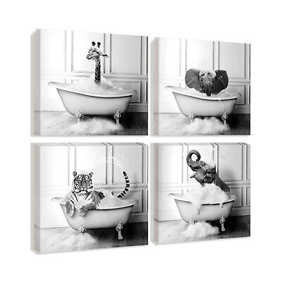 #ad Funny Animal Kids Bathroom Wall Art Cute Life Toddler Canvas Black and White ... $130.07