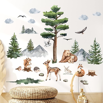 #ad Jungle Animals Wall Decals Cartoon Animals Wall Stickers Watercolor Tree Animal $18.22