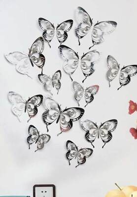 #ad #ad NEW 12 Pc 3D Metallic Silver Hollow Wings Butterflies Posable Wall Decor SLV4 $15.99