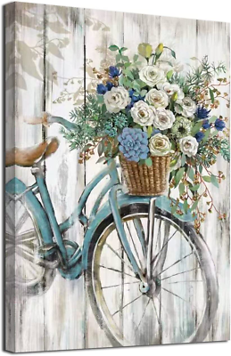 #ad #ad Farmhouse Bathroom Wall Decor Canvas Art Blue Retro Bike Picture Print Flower Ar $97.32