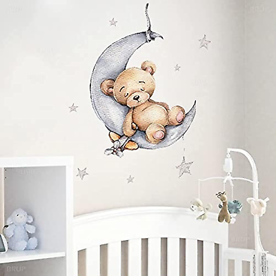 #ad Teddy Bear Sleeping on the Moon and Stars Wall Stickers for Kids Baby Room Inter $16.17