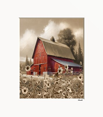 #ad Red Brown Barn Sunflowers Rustic Home Decor Bathroom Kitchen Matted Wall Art $19.99