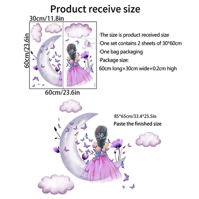 #ad #ad Watercolor Princess on Moon Wall Stickers for Girls Room Butterfly Flower Wall D $30.74