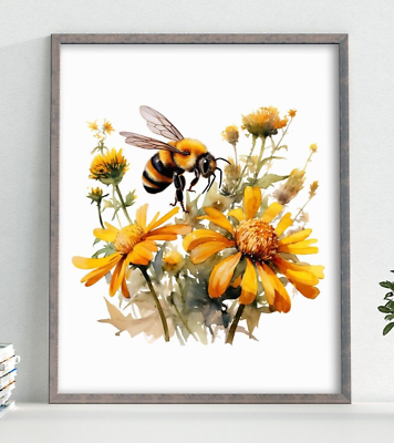#ad Bee and Yellow Flowers Art Print Bee and Wildflowers Wall Art Decor Print $9.99
