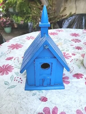 #ad Wooden Birdhouse Framed Door Style With Chimney Painted Deep Blue Free Standing $10.50