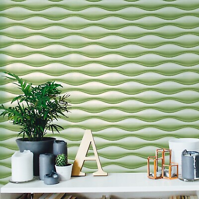 #ad Contemporary wave lines green Modern Wallpaper roll 3D wavy illusion $99.00