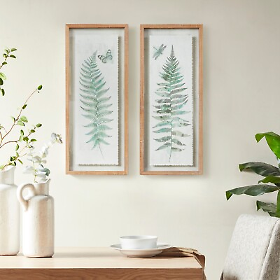 #ad Wood Framed Wall ArtGlass Rustic Rectangle Botanical Home Decor Bedroom 2pcs $46.65