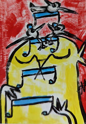 #ad Original Cat Painting Abstract Bird Collectible Music Signed Art Samantha McLean $9.00
