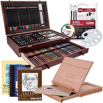 #ad 163pc Art Drawing Artist Paint Sketch Pencil Pastel Paper Crayons Easel Wood Box $69.99