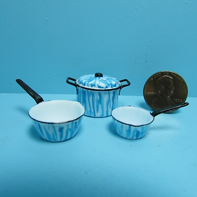#ad Dollhouse Miniature Kitchen Blue Enamelware Cookware Pot and Pan Set CAR0892 $7.37