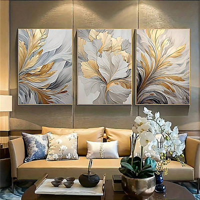 #ad #ad 3pcs Set Luxury Canvas Print Posters Golden And White Leaves Wall Art Paintings $13.99