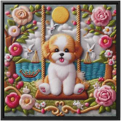 #ad #ad Bichon Frise Wall Art Decor Canvas Print Dog Painting Embroidery Swing Floral $29.22