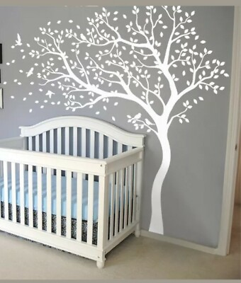 #ad White Nursery wall mural with birds and leaves White tree decals Kids room 098 $9.99