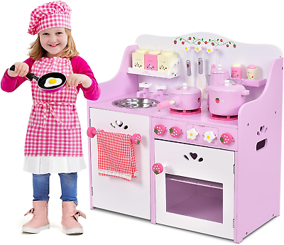 #ad #ad Pink Kids Kitchen Playset Wooden Pretend Play Kitchen for Toddlers with Cookwar $154.99