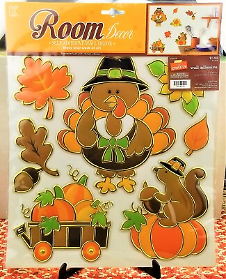 #ad Thanksgiving Self Adhesive Wall Decor 3D Gold Sticker Decal Turkey Squirrel 7 Pc $8.70