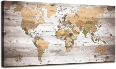 #ad Large Size World Map Poster Canvas Wall Art for Office Decor 30x60inch Brown $86.99